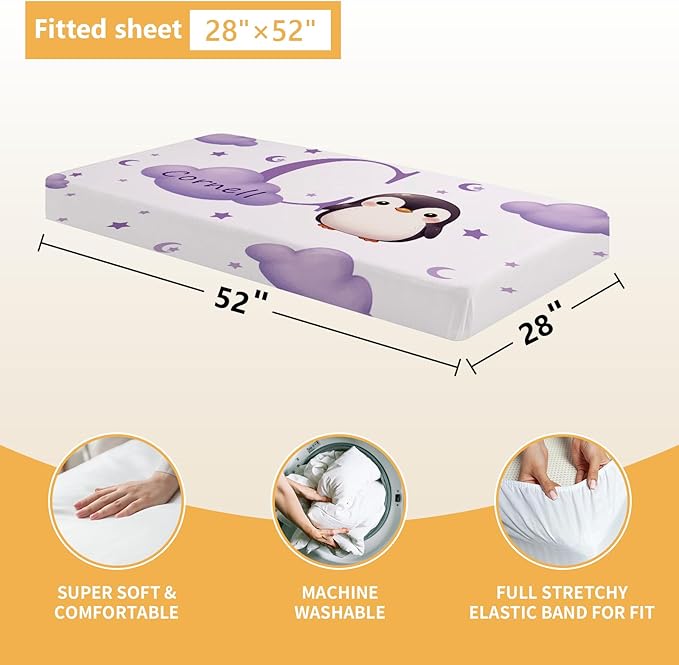 Custom Baby Bedding Set, 5 Pcs Personalized Baby Crib Sets with Name, Toddler Bedding Set for Baby Girl Boy, Purple Penguin Double Layer Nursery Bedding Set, Customized Gift for Infant Newborn