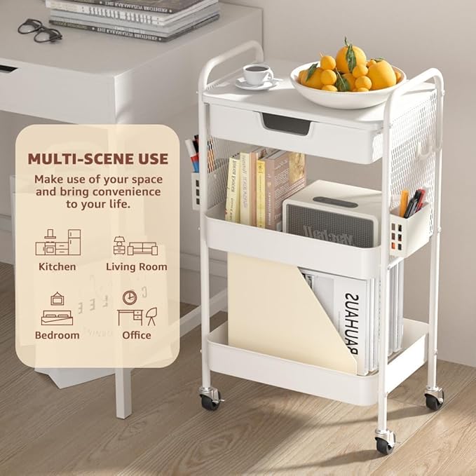 3 Tier Rolling Cart with Drawer, Metal Rolling Utility Cart on Wheels with Pegboard, Art Cart Storage Organizer with Tabletop for Living Room, Office, Bedroom (White)