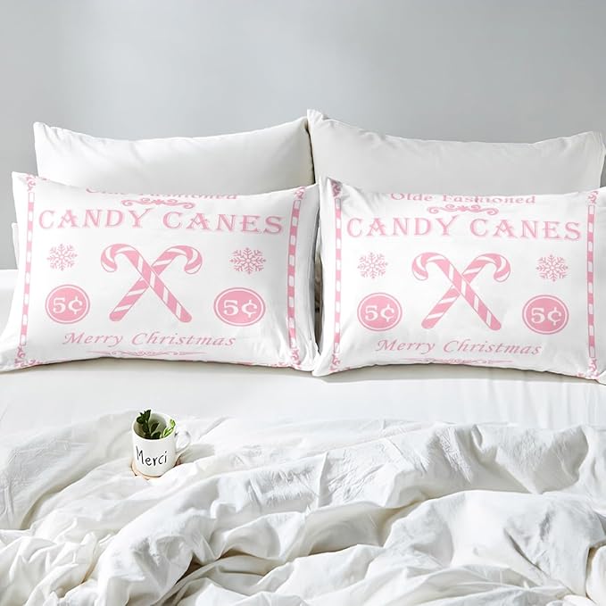 jejeloiu Christmas Bedding Set King Size Kids Christmas Quote Comforter Cover Set for Boys Girls Teens Candy Canes Print Duvet Cover Xmas Bedspread Cover Room Decorations Pink Quilt Cover