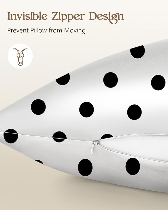 Silk Pillowcase 2 Pack - Pillow Cases 20" x 36" King Size Set of 2 for Hair and Skin Smooth Soft Breathable with Hidden Zipper Cooling Pillow Covers for Sleeping, White Black dot
