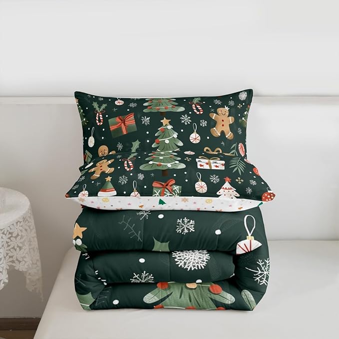 Feelyou Christmas Comforter Set Queen Size Xmas Tree Bedding Set for Kids Boys Girls Gingerbread Man Duvet Quilt New Year Gift Bedroom Decor Microfiber 3 Pcs with 2 Pillow Cases