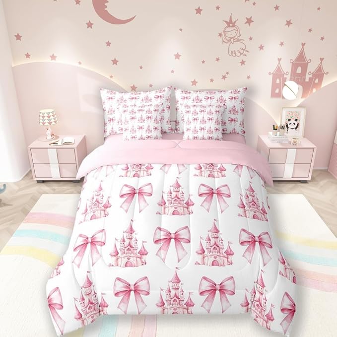 7 Pieces Pink Bowknot Kids Comforter Twin,Castle Tale Princess Toddler Bedding Set,Bow Tie Butterfly Knot Girlish Romantic Fashion（Comforter+Fitted+Flat Sheet+2 Pillowcases+2 Throw Pillow Covers）