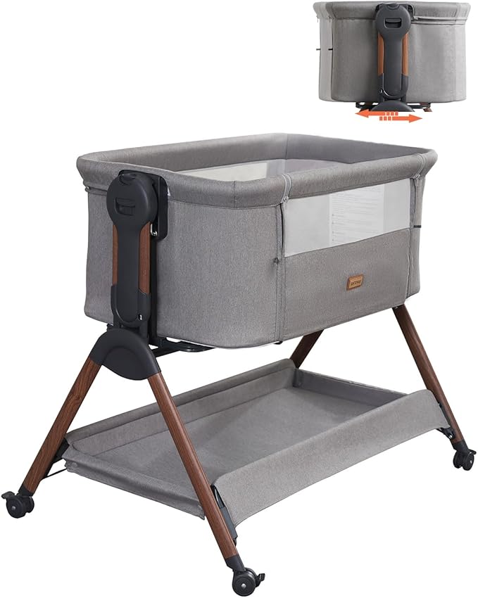 Baby Bassinet - Bassinet Bedside Sleeper,3-in-1 Bedside Bassinets for Baby,Rocking Bassinet with Comfy Mattress,Wheels,Breathable Mesh& Storage,6 Height Adjustable Crib,ASTM Certified(Grey)