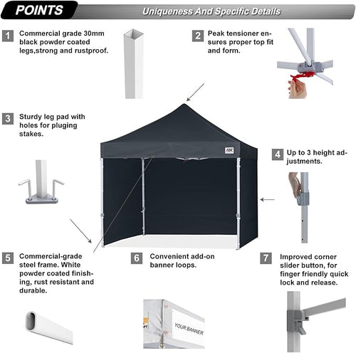 ABCCANOPY Easy Pop Up Canopy Tent with Sidewalls 10x10 Commercial -Series, Black