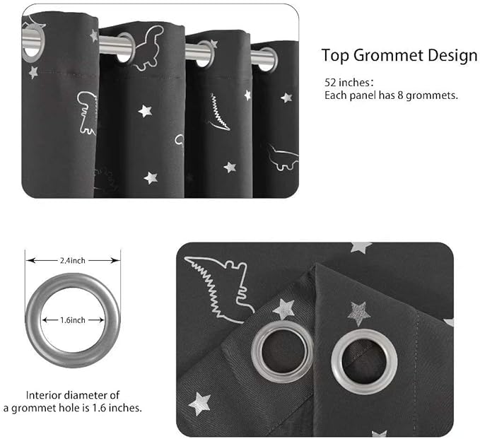 LORDTEX Dinosaur and Star Foil Print Blackout Curtains for Kids Room - Thermal Insulated Curtains Noise Reducing Window Drapes for Boys and Girls Bedroom, 52 x 84 Inch, Grey, Set of 2 Panels