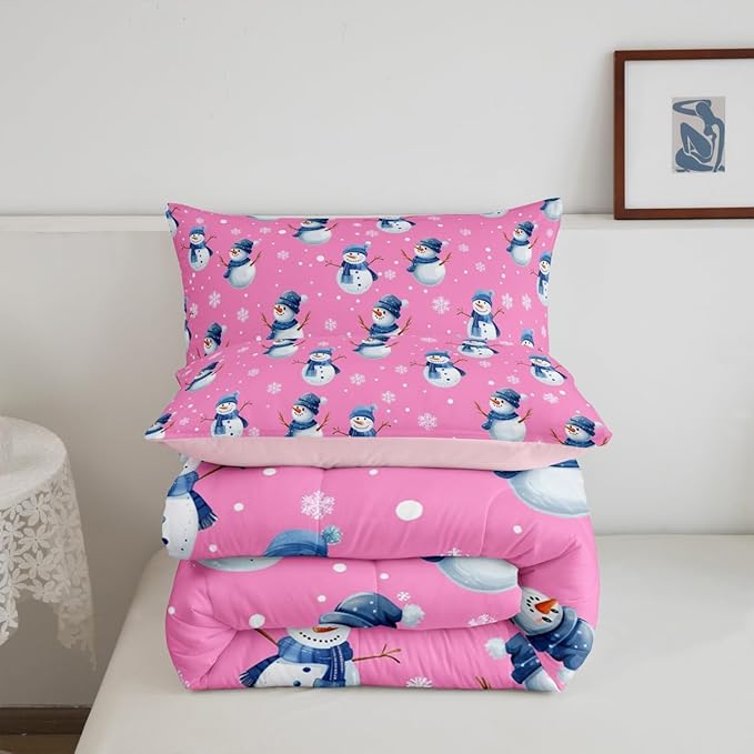 jejeloiu Kids Cute Winter Snowman Comforter Set Full Size Pink Christmas Theme Bedding Set for Boys Girls Teens Xmas Snowflake Happy New Year Duvet Quilt Room Decor
