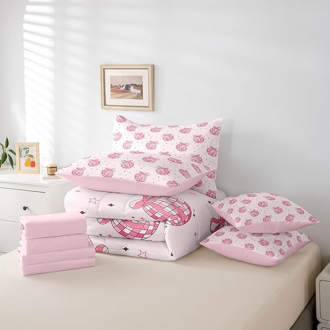 7 Pieces Bowknot Princess Kid Comforter Set Twin,Disco Crystal Ball Western Cowgirl Bedding Set,Star Bow Tie Sweet Romantic Pink Dreamy（Comforter+Fitted+Flat Sheet+2 Pillowcases+2 Throw Pillow Covers）