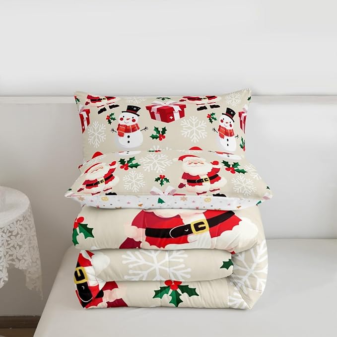 jejeloiu Merry Christmas Comforter Set King Size Xmas Santa Claus Bedding Set for Kids Boys Girls Cute Snowman Duvet Quilt Beige Bedroom Decor