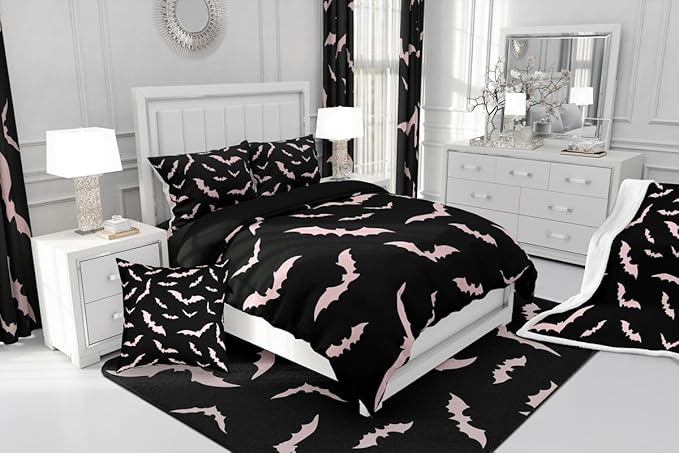 Erosebridal Bat Comforter Set Halloween Pink Bats Bedding Set with 2 Pillow Cases Silhouette Gothic Quilt King Size for Kids Boys Youth Gothic Spooky Bedding Comforter Sets,Black