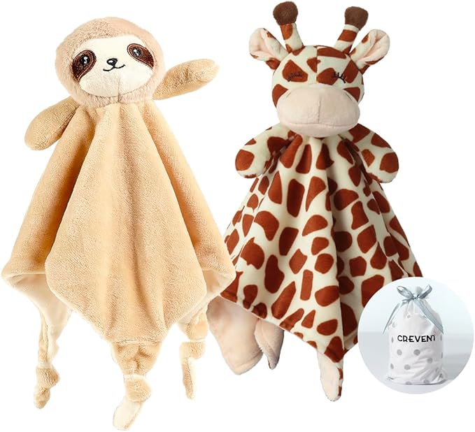 CREVENT Cozy Plush Baby Security Blanket, Loveys for Baby Girls and Boys, Birthday (Giraffe + Sloth)