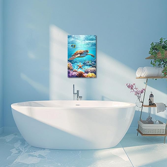 AWPANERAR Sea Turtle Wall Art Bathroom Pictures Watercolor Sea Life Canvas Prints Ocean Animal Poster Nautical Theme Artwork for Kids Room Nursery Decor Framed (Green, (24L x 16W))