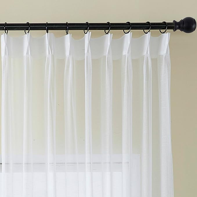 White Sheer Curtains 90 Inches Long 1 Panel, 50 Inch Width, Thin Textured Linen Look Sliding Glass Door Curtain, Rustic Elegant Window Treatments, Pinch Pleated Drapes for Living Room
