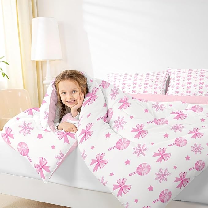 Feelyou Pink Christmas Bedding Set Soft for Boys Girls, Bow Candy Comforter Set King Size Star Snowflake Duvet Quilt Microfiber Bedroom Decor 3 Pcs with 2 Pillow Cases
