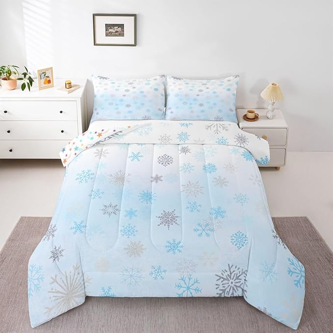 Feelyou Glitter Snowflake Comforter Set Full Size, Blue Snowflake Comforter Kids Toddler Ombre Bedding Set Winter Theme Duvet Set Microfiber Bed Set