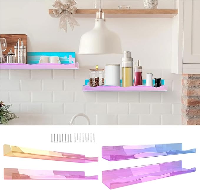 Set of 4 Modern Acrylic Floating Shelves with Rainbow Colorful Acrylic Wall for Books Toy Cosmetics Nursery Decorative Wall