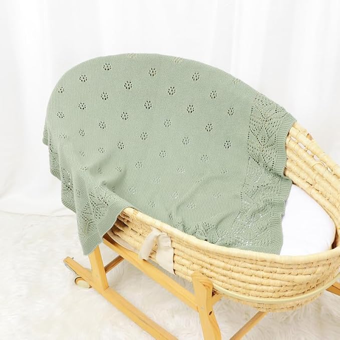 LAWKUL Cellular Blanket Baby 100% Cotton Knitted Soft Knit Crochet Blankets for Newborn Boy Girls Infants Green 100x80cm