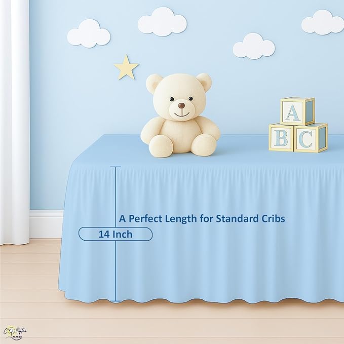 Cottington Lane Light Blue Infrant Crib Bed Skirt Dust Ruffle with Split Corner, 100% Natural Cotton Nursery Crib Toddler Bedding Skirt for Baby Girls or Boy, Fits Standard Cribs 28"x52" with 14" Drop