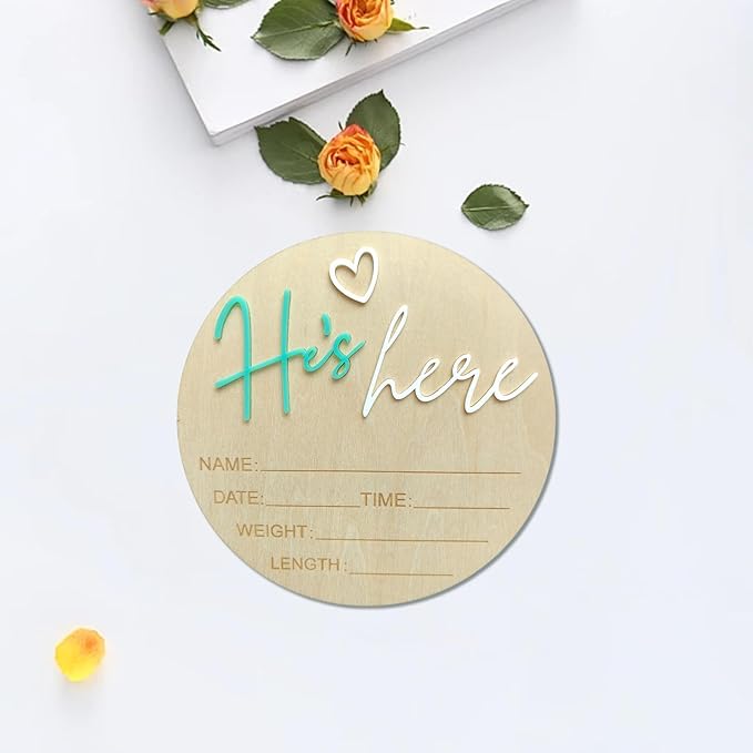 Baby Announcement Sign, 5.9 Inch Wooden Hello World Newborn Signs, Birth Announcement Sign, Gender Reveal Signs, He's here Decoration, Welcome Newborn Arrival To World, Hospital Nursery for Baby (Green He's)