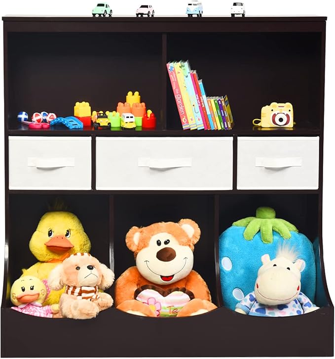 HONEY JOY Kids Toy Storage Organizer with Bookcase, 8-Cubby Organization Storage Cabinet w/Display Shelf & 3 Removable Fabric Bins, Wooden Toy Storage Unit for Playroom, Nursery Daycare(Espresso)
