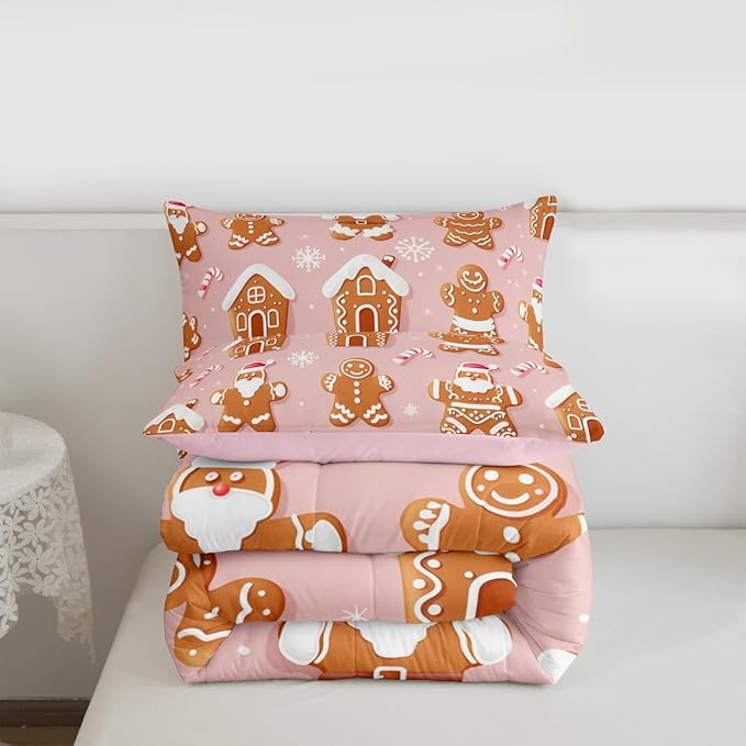 Feelyou Christmas Comforter Set All Season Gingerbread Man Bedding Set with 2 Pillow Cases Santa Microfiber Kids King Bedclothes Snowflake Bedroom Decor Duvet Quilt Breathable Soft Lightweight