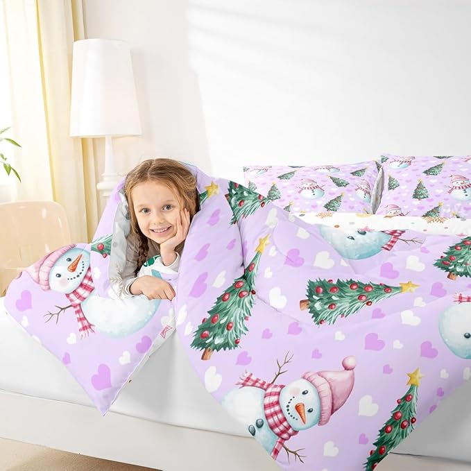 Feelyou Merry Christmas Bedding Set Soft for Boys Girls, Cute Snowman Comforter Set King Size Christmas Tree Duvet Quilt Microfiber Love Hearts 3 Pcs with 2 Pillow Cases