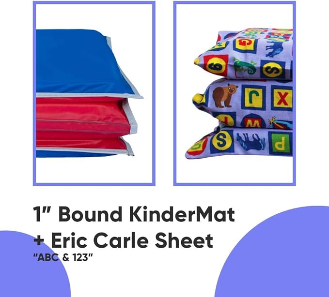 KinderMat + Eric Carle Kinderbundle - ABC & 123 - Full Nap Mat & Washable Cover, Special Edition - 47" x 22", Value Bundle, Great for Daycare & Family Households
