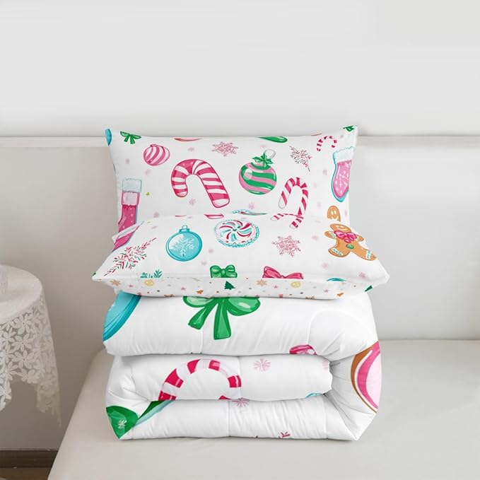 Feelyou Candy Cane Comforter Set Toddler Size Christmas Ornament Bedding Set for Kids Boys Girls Snowflake Duvet Quilt Festive Bow Bedroom Decor Christmas Stocking 2 Pcs with 1 Pillow Cases