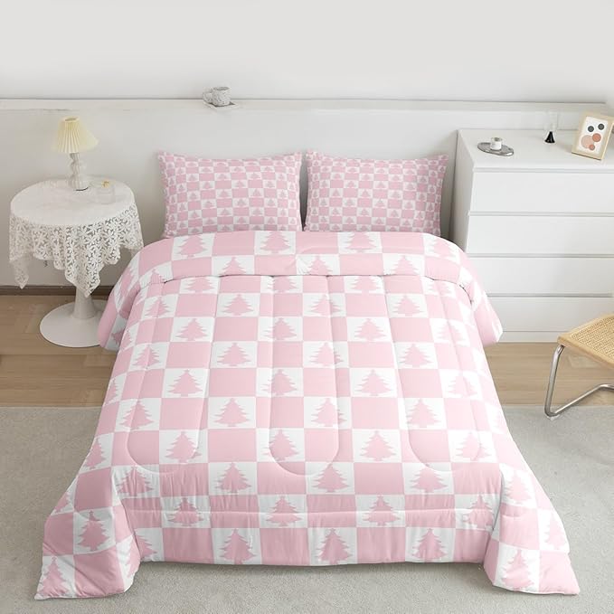 Feelyou Christmas Bedding Set Soft for Boys Girls, Checkered Comforter Set Toddler Size Christmas Tree Duvet Quilt Microfiber Xmas Decorations Bedroom Decor Pink 2 Pcs with 1 Pillow Cases