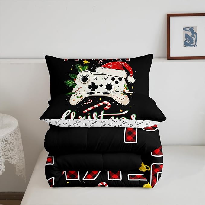 Gamepad Xmas Theme Bedding Set Full Size,Santa Claus Video Games Comforter Set for Kids Boys Girls Room Decor,Merry Christmas Duvet Insert 3Pcs,Gaming Controller Black Quilt Set,2 Pillowcases