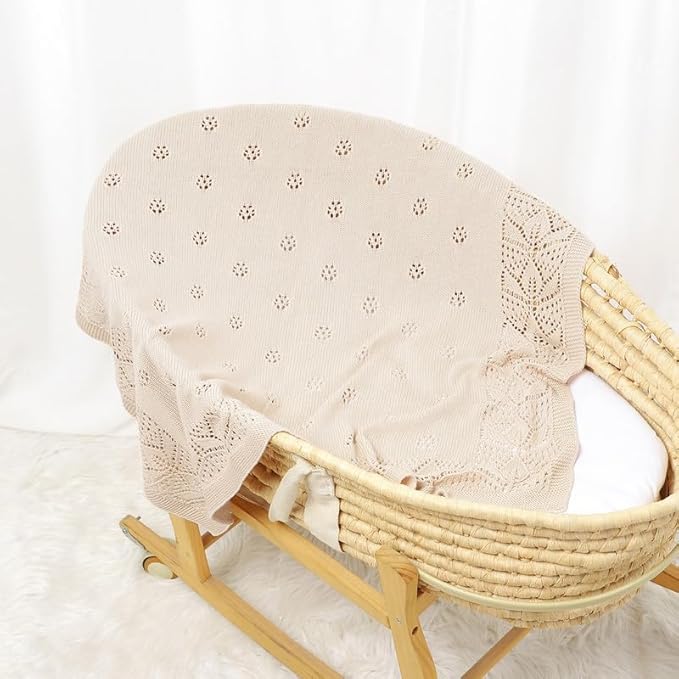 LAWKUL Cellular Blanket Baby 100% Cotton Knitted Soft Babe Crochet Blankets for Newborn Boy Girls Toddler Beige 100x80cm