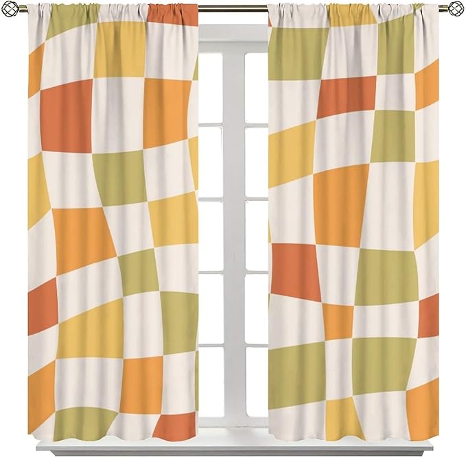 Orange Checkered Curtains,70s Vintage Twisted Checkered Window Drapes Colorful Groovy Trendy Wavy Hippie Grid Print Window Treatments for Kids Girls Bedroom Living Room Bathroom 42"W X 63"L