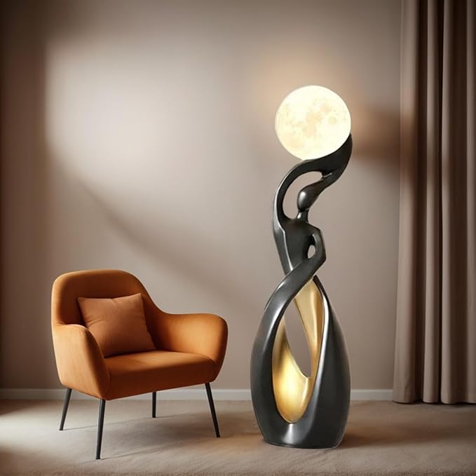 Bofea-Unique Floor Lamp with Moon Lamp,Creative Black Gold Standing Lamps,Art Deco Floor Light with Rechargeable Globe Lights,Modern Resin Accent Dancing Girls Statue for Living Room Bedroom Home