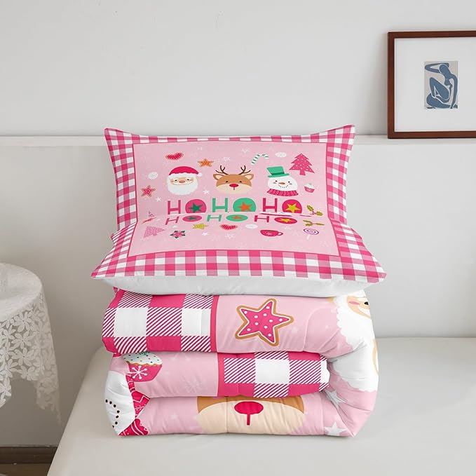 Merry Christmas Kids Comforter Set Twin Size,Cartoon Santa Claus Snowman Deer Bedding Set,Boys Girls Adults Room Decor,Geometric Grids Fashion Down Comforter,Pink Xmas Duvet Insert,1 Pillowcase