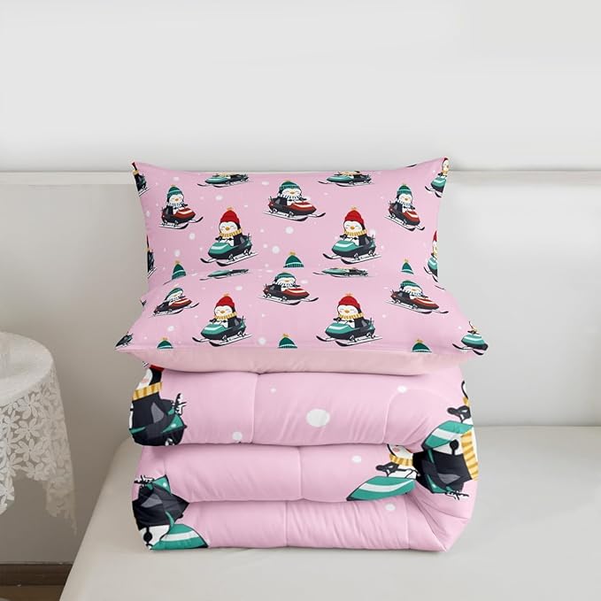 Feelyou Christmas Kids Comforter Set Full Size Pink Penguin Bedding Set Cartoon Penguin Skiing Duvet Quilt for Kids Boys Girls Bedroom Snowflake Decor Microfiber Ultra Soft Breathable