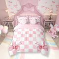 7 Pieces Pink Bowknot Kids Comforter King,Geometric Grid Checkered Patchwork Fashion Bedding Set,Bow Tie Knot Princess Chic Unique（Comforter+Fitted+Flat Sheet+2 Pillowcases+2 Throw Pillow Covers）