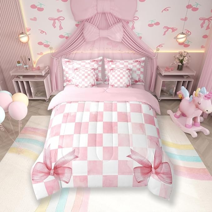 7 Pieces Pink Bowknot Kids Comforter Full,Geometric Grid Checkered Patchwork Fashion Bedding Set,Bow Tie Knot Princess Chic Unique（Comforter+Fitted+Flat Sheet+2 Pillowcases+2 Throw Pillow Covers）