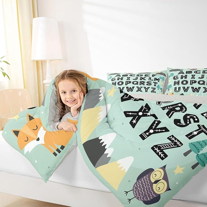 Feelyou Alphabet Kids ABC Learning Comforter Set All Season Cute Fox Bedding Set with 2 Pillow Cases Educational Nursery Art Microfiber Kids King Bedclothes Woodland Animals Bedroom Decor Duvet Quilt
