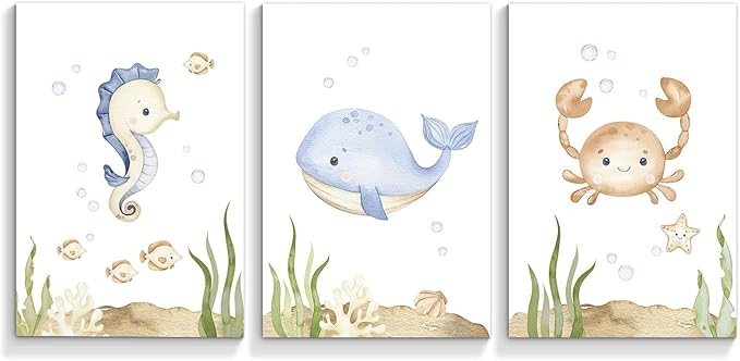 Wodkwq Nursery Wall Art Sea Animal Canvas Prints Baby Girl Boy Room Decor Watercolor Paintings Pictures Cute Ocean Theme Toddler Room Decoration Set of 3 for Kids Bedroom Bathroom 12x16in Unframed