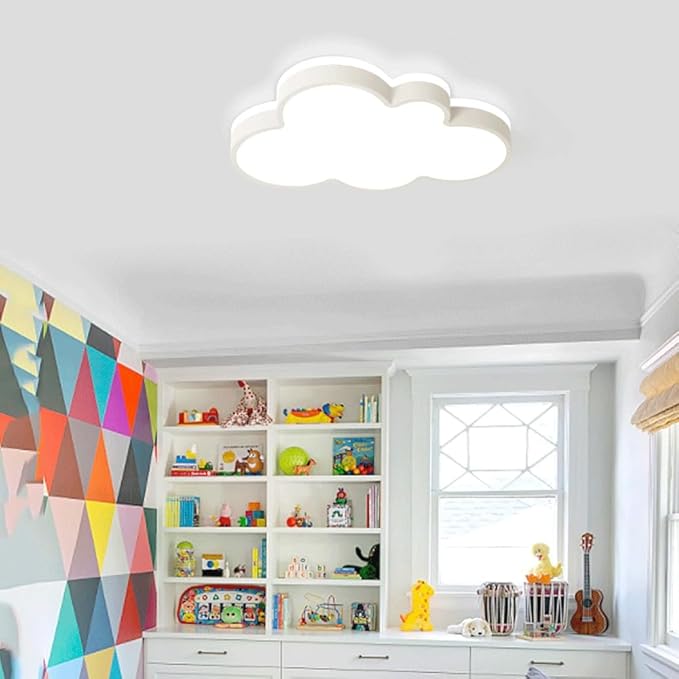 Cute Cloud LED Ceiling Light Fixture, Blue & White Flush Mount Lamp, Modern Eye-Caring Lighting for Kids’ Bedroom, Nursery, Baby Room, Playroom Decor(White,48cm)