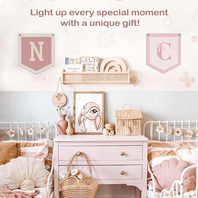 Lacama Pink Initial Personalized Preppy Banner, Baby Shower Decor Gifts, Wall Decor for Women Teen Girl, Vintage Room Decor Toddler Room Bedroom Playroom Front Door Birthday Gift(N)