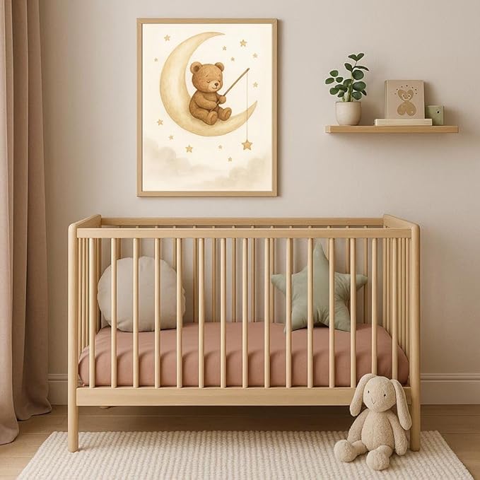 XBQZFLHT 3Pcs Bear Nursery Wall Art Teddy Bear Moon and Stars Canvas Prints Cute Animal Sleeping on the Moon and Cloud Neutral Baby Room Decor Pictures for Boys and Girls 8x10in Unframed