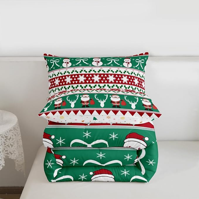 Feelyou Merry Christmas Tree Comforter Set Toddler Size Cute Snowman Bedding Set for Kids Boys Girls Santa Claus Duvet Quilt Cartoon Bowknot Bedroom Decor Microfiber 2 Pcs with 1 Pillow Cases