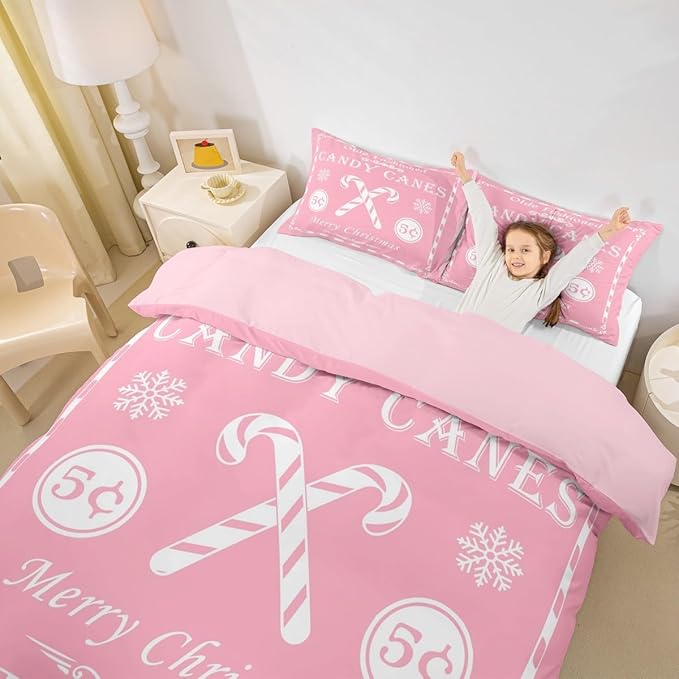 jejeloiu Christmas Bedding Set Queen Size Kids Christmas Quote Comforter Cover Set for Boys Girls Teens Candy Canes Print Duvet Cover Xmas Bedspread Cover Room Decorations Pink White Quilt Cover