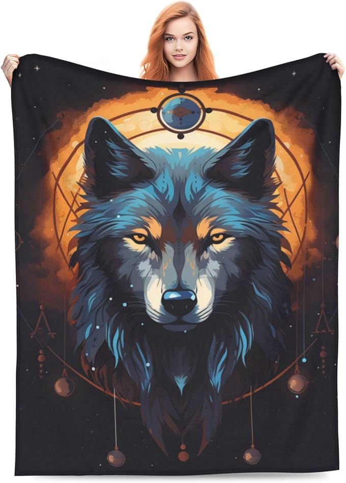Cartoon Wolf Dream Catcher Blanket Gifts Moon Wolves Flannel Throw Blankets for Home Decor Couch Bed Sofa Soft Fuzzy Lightweight for All Season 60x50 Inches