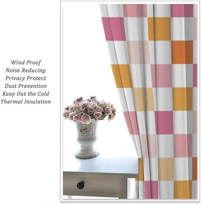 Pink Checkered Curtains,70s Vintage Twisted Checkered Window Drapes Colorful Groovy Trendy Wavy Hippie Grid Print Window Treatments for Kids Girls Bedroom Living Room 52" W X 84" L