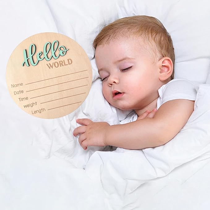 Baby Announcement Sign, 5.9 Inch Wooden Hello World Newborn Signs, Birth Announcement Sign, Baby Shower Hospital Nursery for Newborn Boys and Girls (Spark Green)