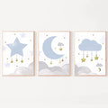 LUHDFYS Cartoon Moon and Stars Canvas Wall Art Print,Scandinavian Style Nursery Decor Poster,Blue Moon and Stars Wall Art,Cute Baby Room Classroom Decoration for Boys and Girls Unframed