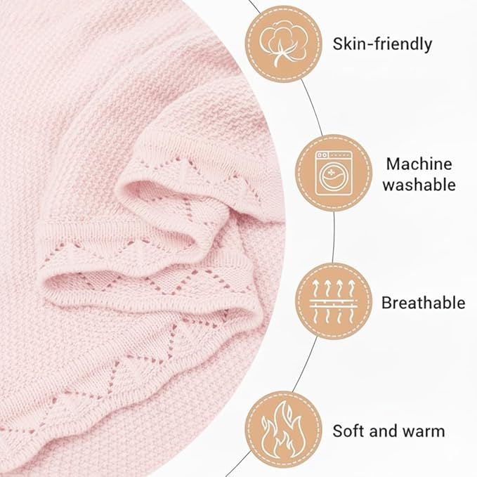 Baby Knit Blanket Soft Breathable Cotton Scallop Border Blankets Newborn Knitted Blanket Swaddle Blankets Gifts for Baby Newborn Toddler Shower Boy Girl New Mom Birthday Christmas Pink 30x30