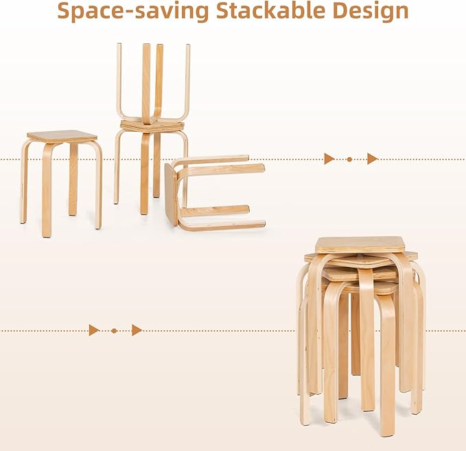 GOFLAME Stackable Wooden Stools Set of 4, Backless Chairs with Square Top, Anti-Slip Felt Mats, Portable Seating for Classroom, Office, Dinning Room, Living Room, Kitchen, Bar Counter, Natural