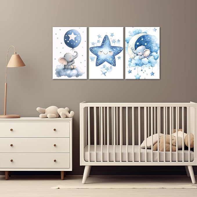 Nursery Canvas Wall Art Elephant Pictures Wall Decor Moon and Stars Painting Baby Boy Prints Cute Animal Poster Artwork for Kids Room Bathroom Decor Framed(Baby-1,24L x 36W x 3Pcs)